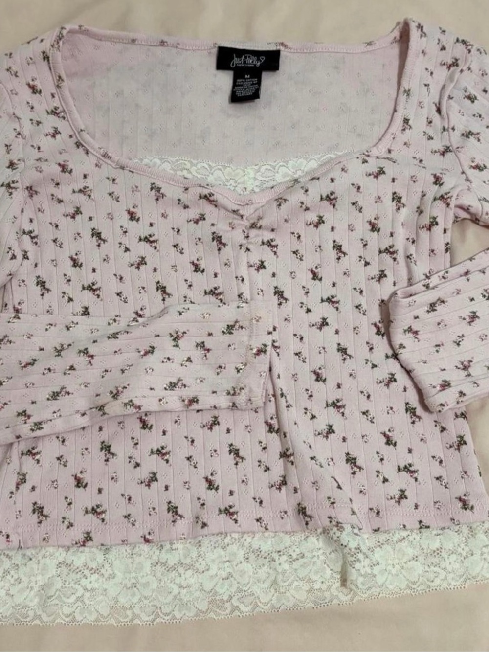Princess Polly Pink Floral Ribbed Lace Trim Long Sleeve Top